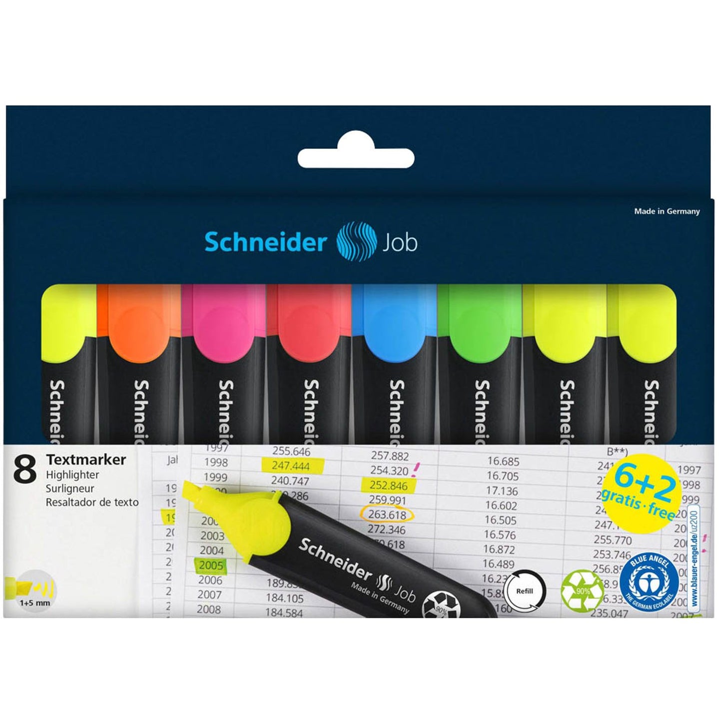 Schneider + 2 GRATIS: Job Textmarker farbsortiert, . + GRATIS | 115068 | 1 Pack = 6 St.