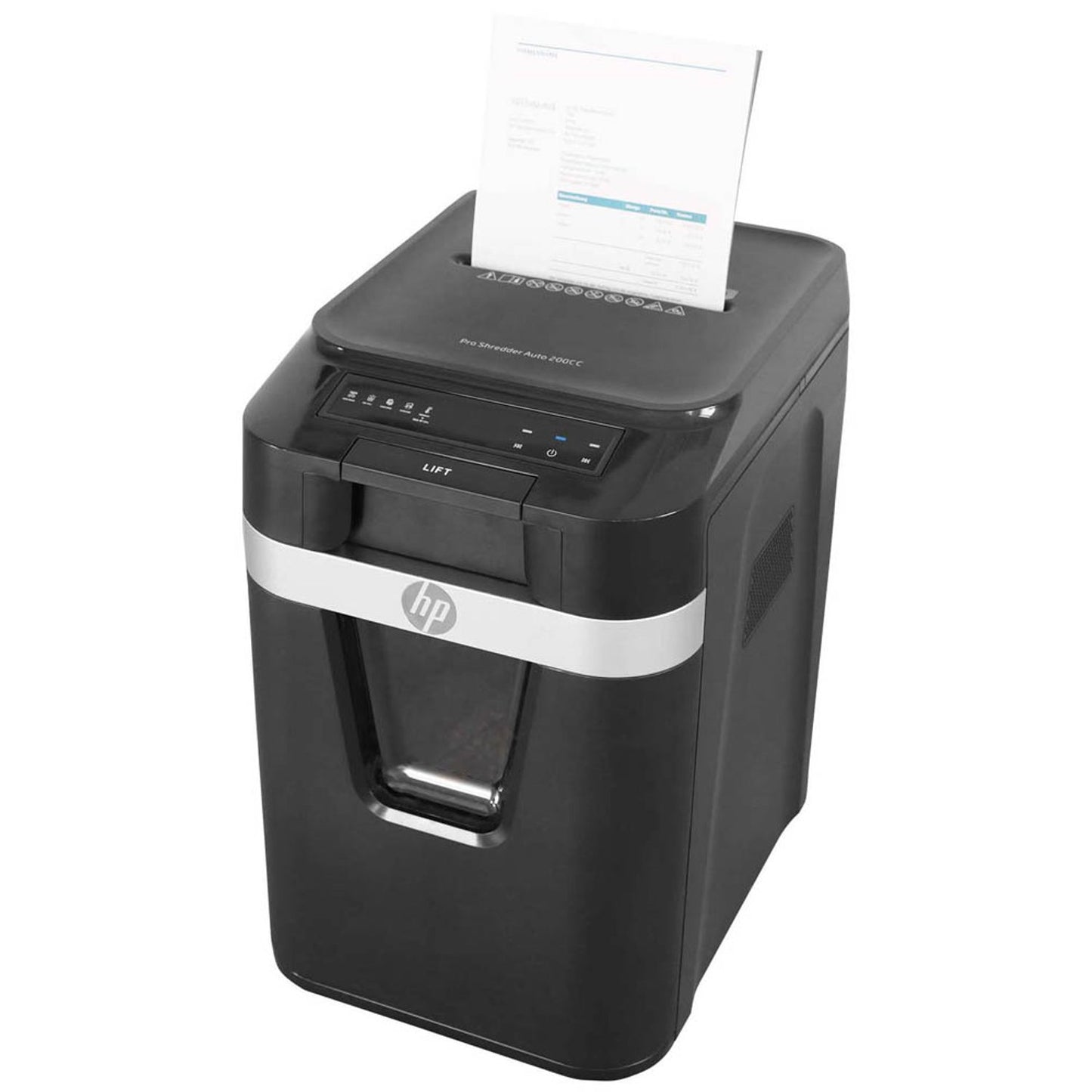 HP Pro Shredder Auto 200CC Aktenvernichter mit Partikelschnitt P-4, 4 x 20 mm, bis , schwarz | 2820