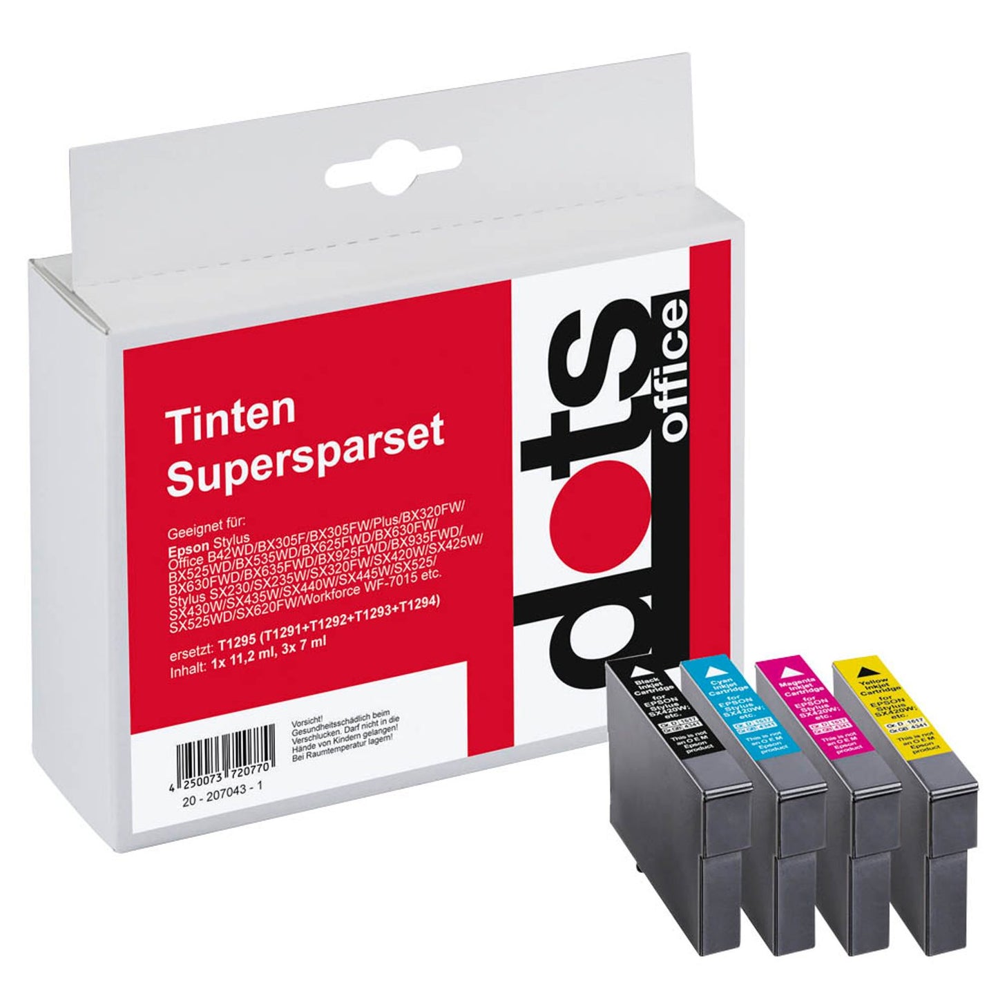 dots schwarz, cyan, magenta, gelb Druckerpatronen kompatibel zu EPSON T1295, 4er-Set | 1617,4050-DOTS | 1 Pack = 4 St.