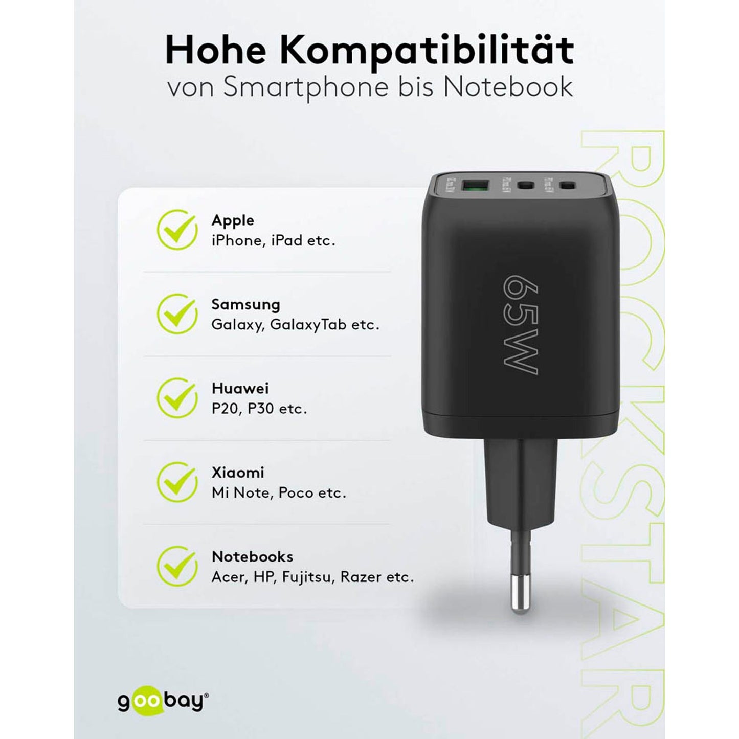 goobay Ladekabel mit Adapter schwarz, Kabellänge: 1,0 m, 65 Watt | 70180