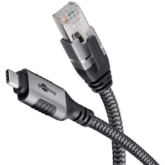 goobay USB C 3.1/RJ45 CAT 6 Kabel grau, schwarz, 1 St.
