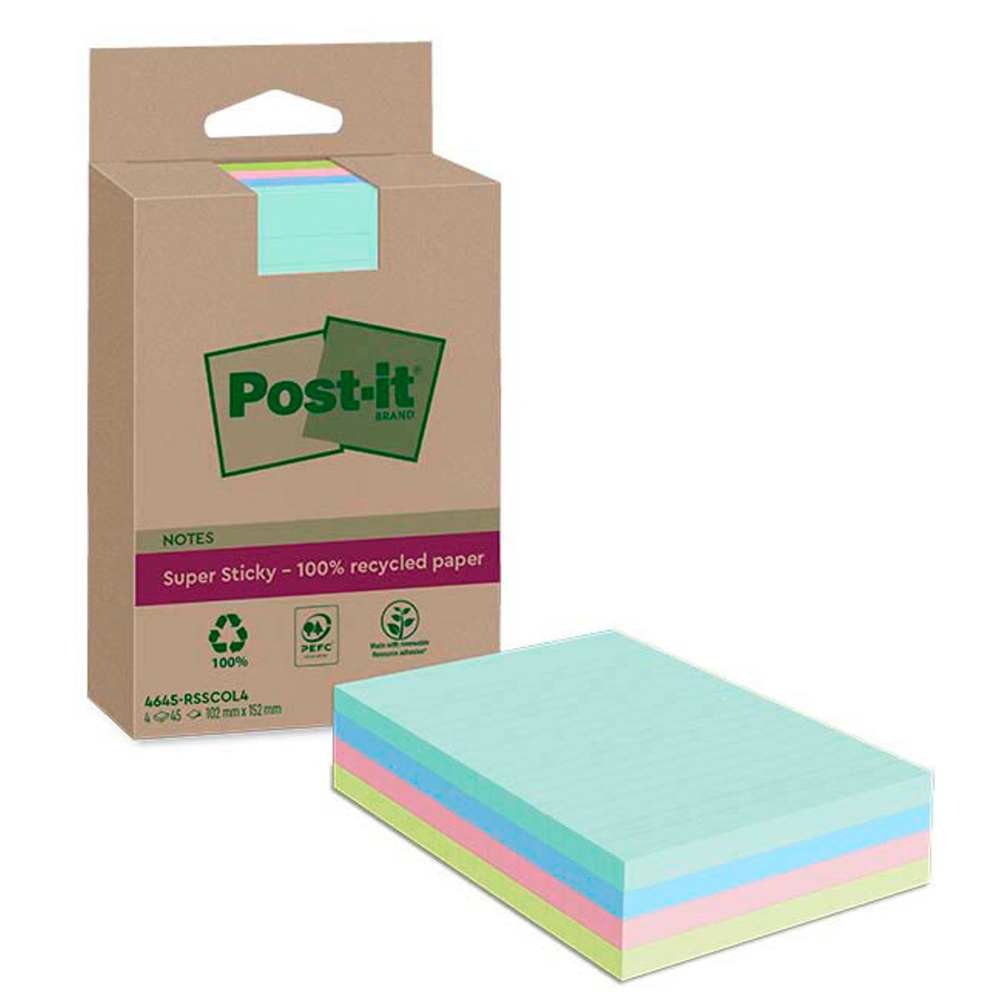 Post-it® Super Sticky Recycling Notes Haftnotizen extrastark farbsortiert, 4 Blöcke | 4645-RSSCOL4 | 1 Pack = 4 Blöcke
