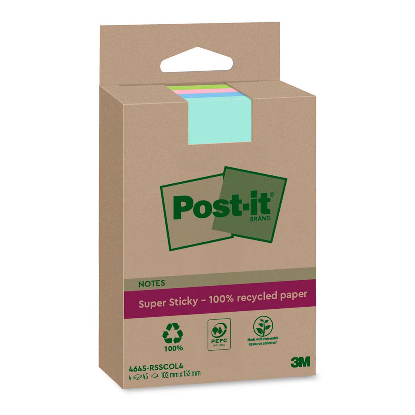 Post-it® Super Sticky Recycling Notes Haftnotizen extrastark farbsortiert, 4 Blöcke | 4645-RSSCOL4 | 1 Pack = 4 Blöcke