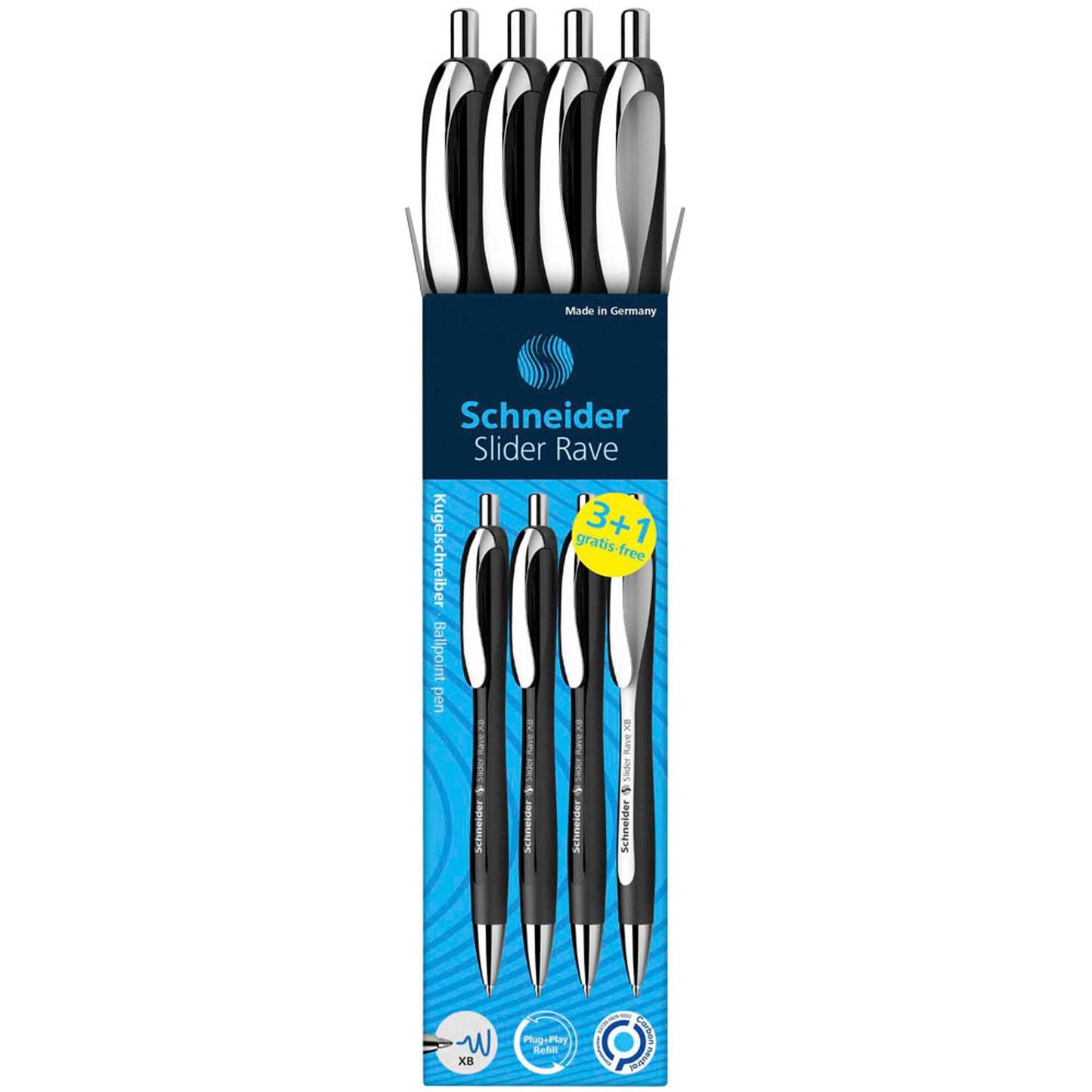 Schneider + 1 GRATIS: Kugelschreiber Slider Rave XB schwarz, Schreibfarbe: blau, . + GRATIS 1 Slider Rave XB schwarz | 132584 | 1 Pack = 3 St.