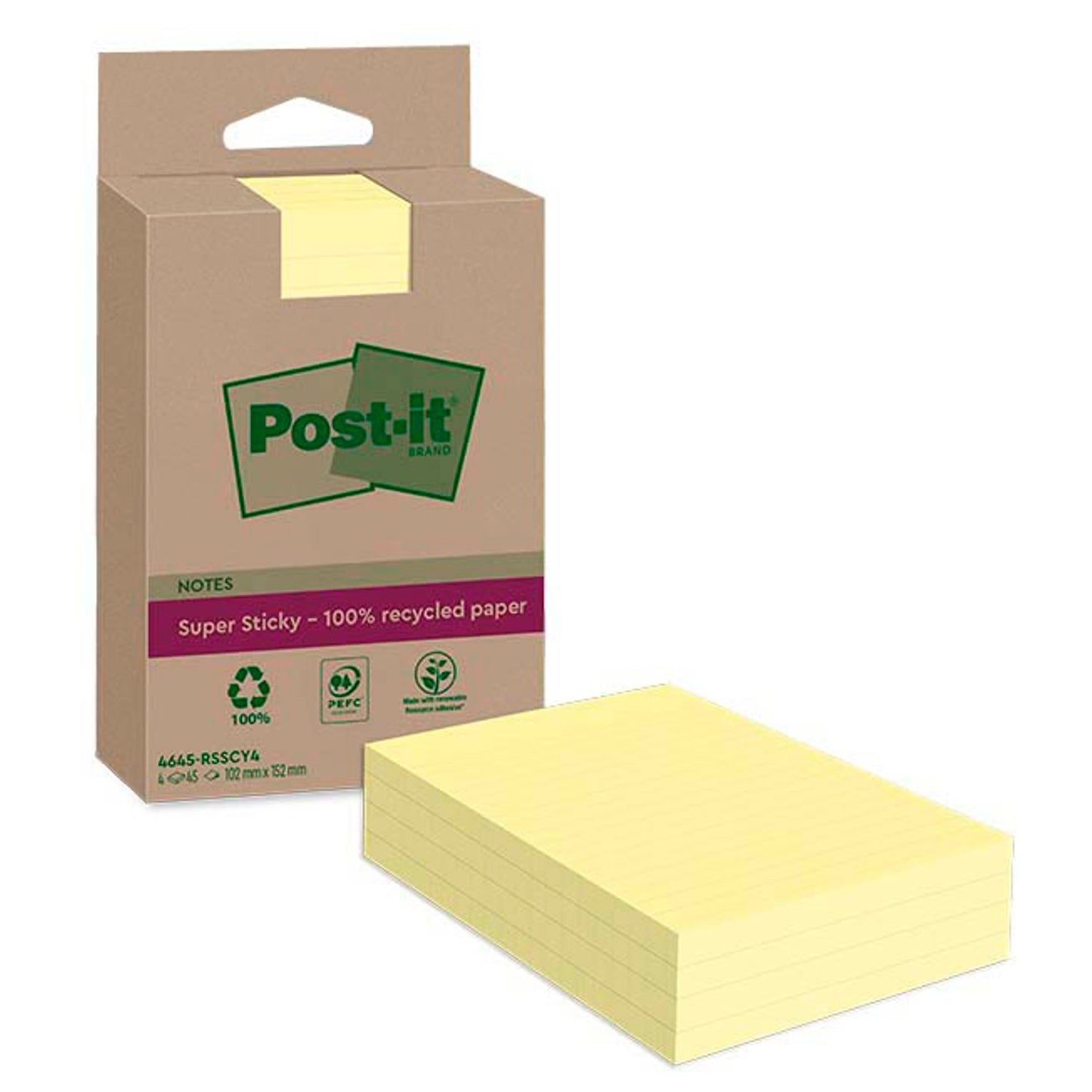 Post-it® Super Sticky Recycling Notes Haftnotizen extrastark gelb, 4 Blöcke | 4645-RSSCY4 | 1 Pack = 4 Blöcke