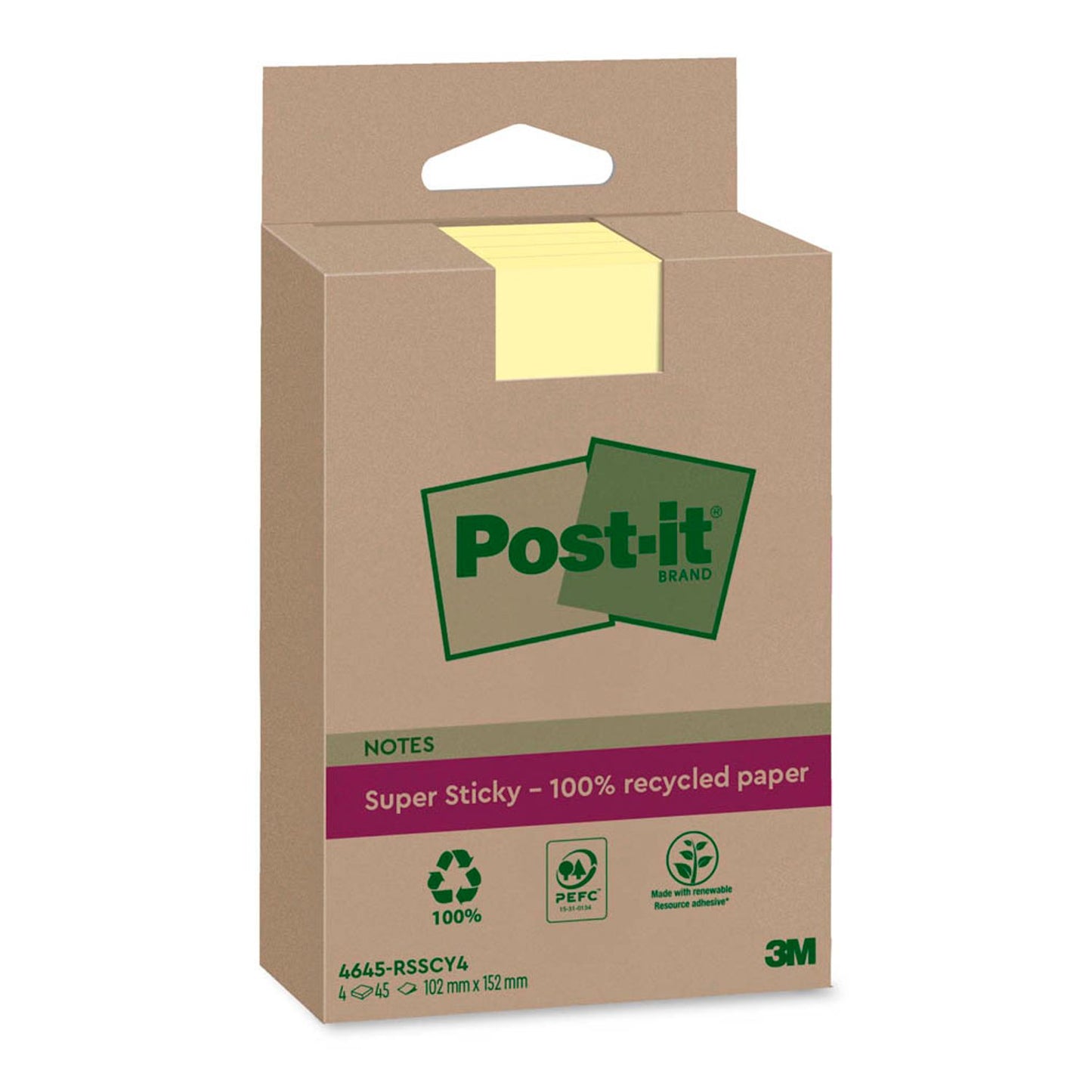 Post-it® Super Sticky Recycling Notes Haftnotizen extrastark gelb, 4 Blöcke | 4645-RSSCY4 | 1 Pack = 4 Blöcke