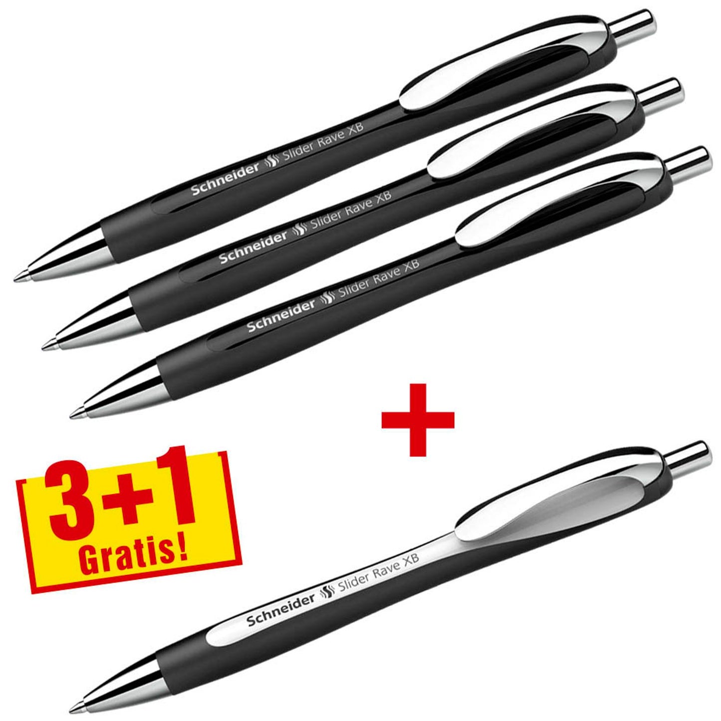Schneider + 1 GRATIS: Kugelschreiber Slider Rave XB schwarz, Schreibfarbe: blau, . + GRATIS 1 Slider Rave XB schwarz | 132584 | 1 Pack = 3 St.