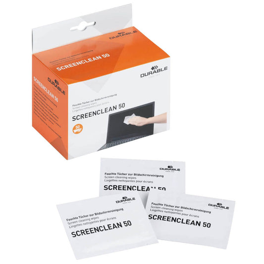 DURABLE Bildschirm-Reinigungstücher SCREENCLEAN 50 weiß, 50 Tücher | 578702 | 1 Pack = 50 Tücher