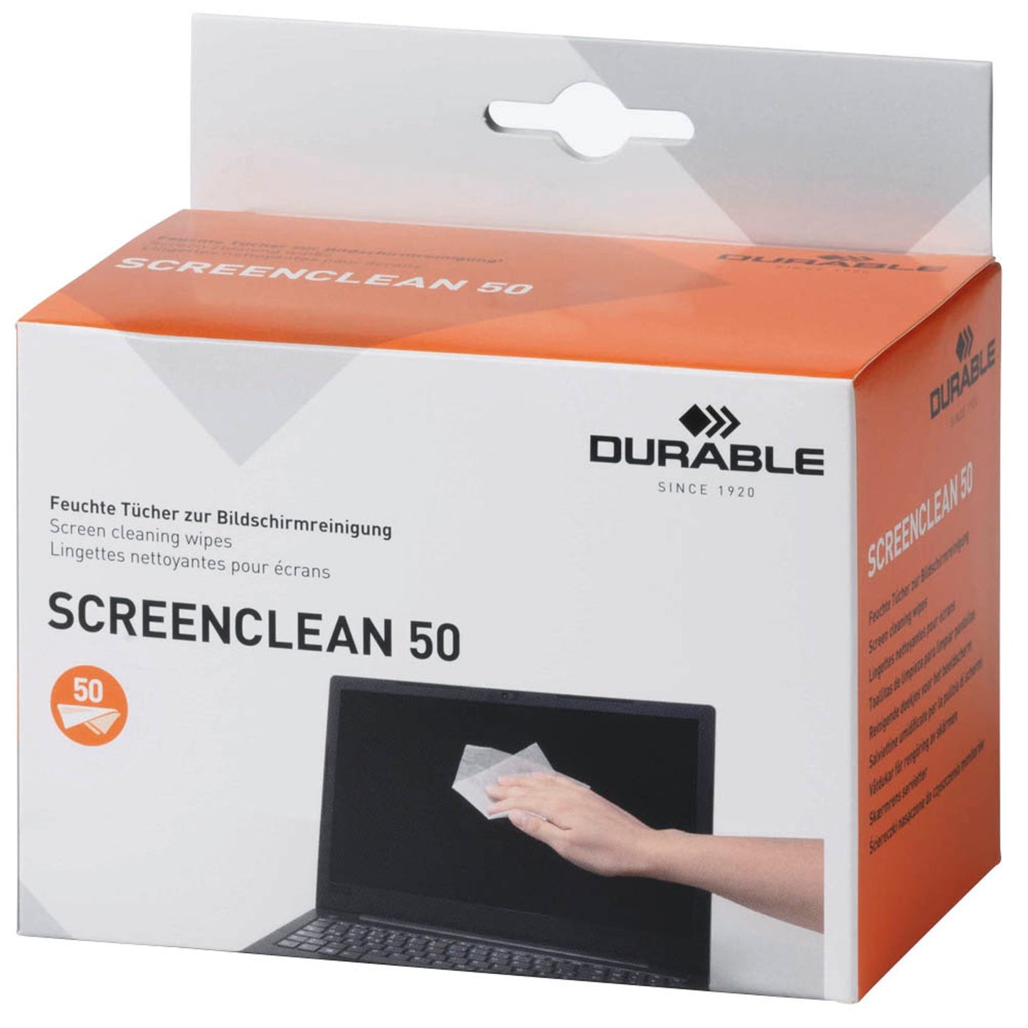 DURABLE Bildschirm-Reinigungstücher SCREENCLEAN 50 weiß, 50 Tücher | 578702 | 1 Pack = 50 Tücher
