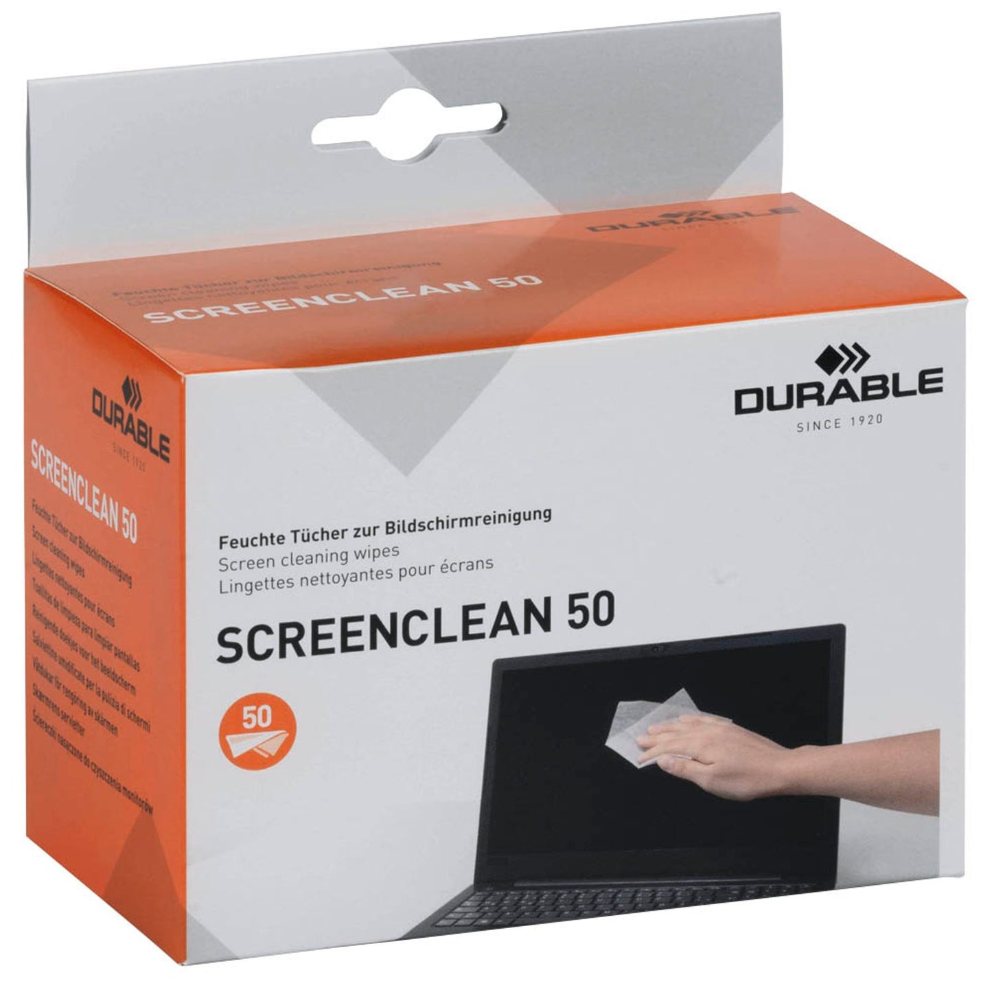 DURABLE Bildschirm-Reinigungstücher SCREENCLEAN 50 weiß, 50 Tücher | 578702 | 1 Pack = 50 Tücher