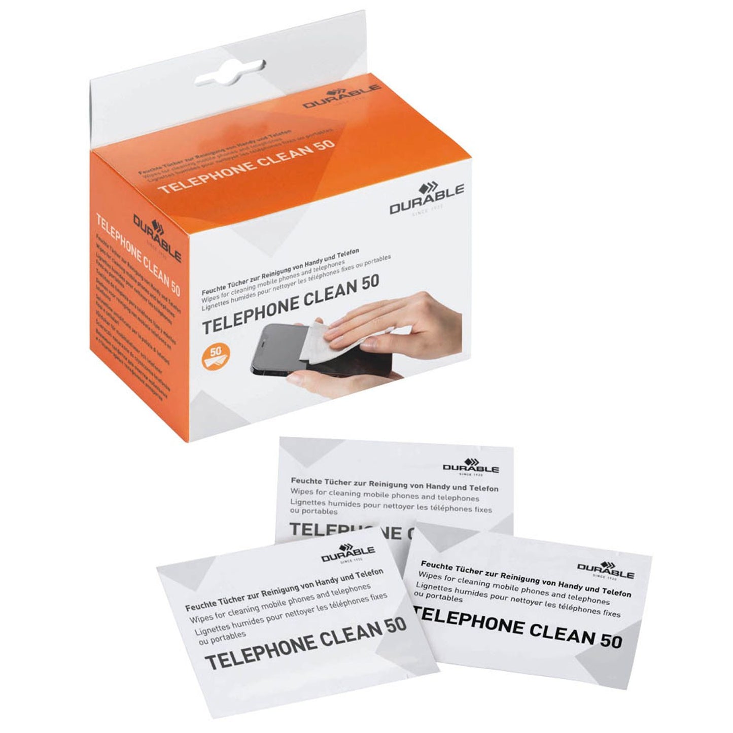 DURABLE Bildschirm-Reinigungstücher TELEPHONE CLEAN 50 weiß, 50 Tücher | 578502 | 1 Pack = 50 Tücher