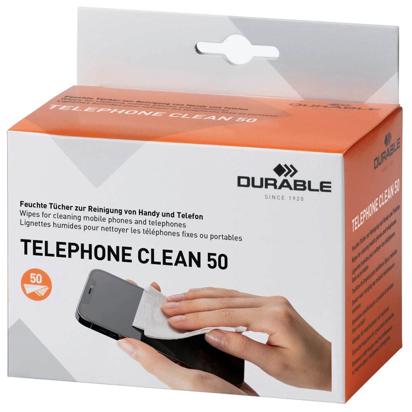 DURABLE Bildschirm-Reinigungstücher TELEPHONE CLEAN 50 weiß, 50 Tücher | 578502 | 1 Pack = 50 Tücher