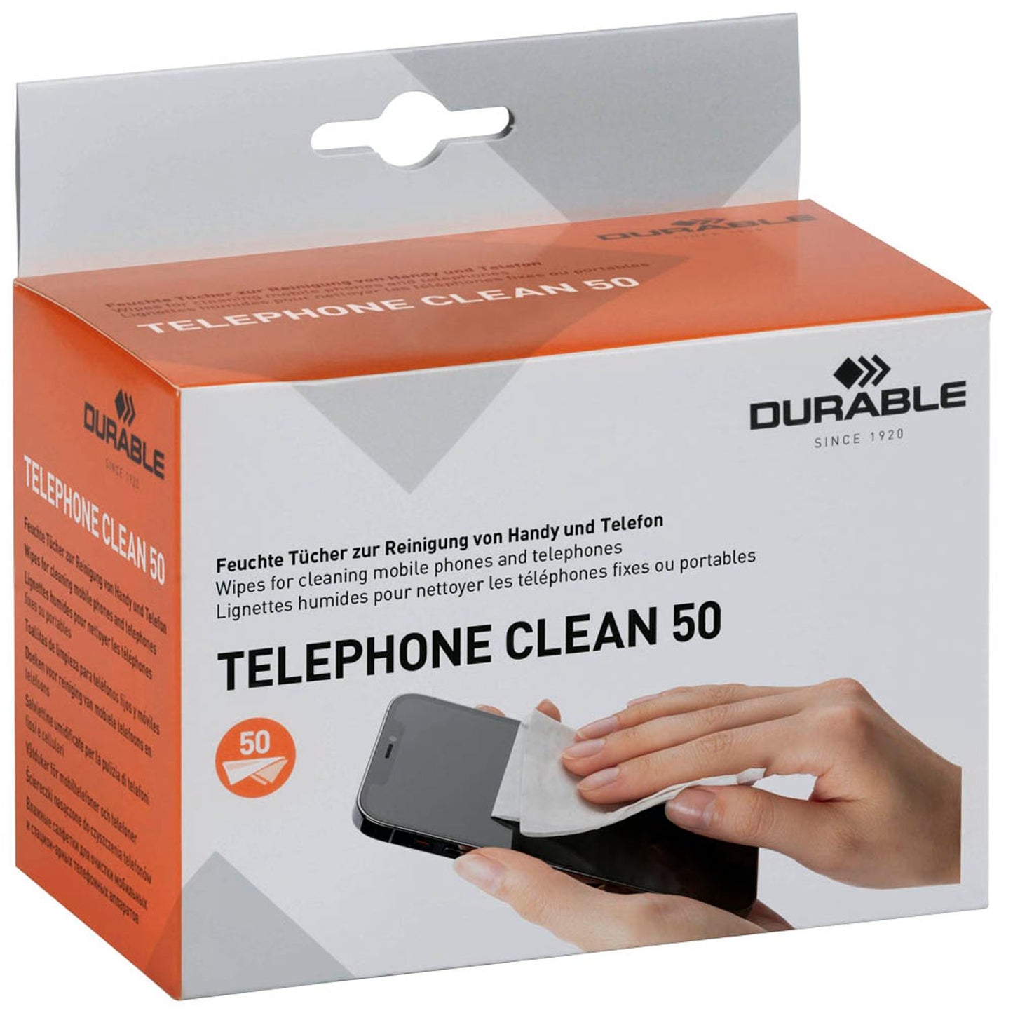 DURABLE Bildschirm-Reinigungstücher TELEPHONE CLEAN 50 weiß, 50 Tücher | 578502 | 1 Pack = 50 Tücher