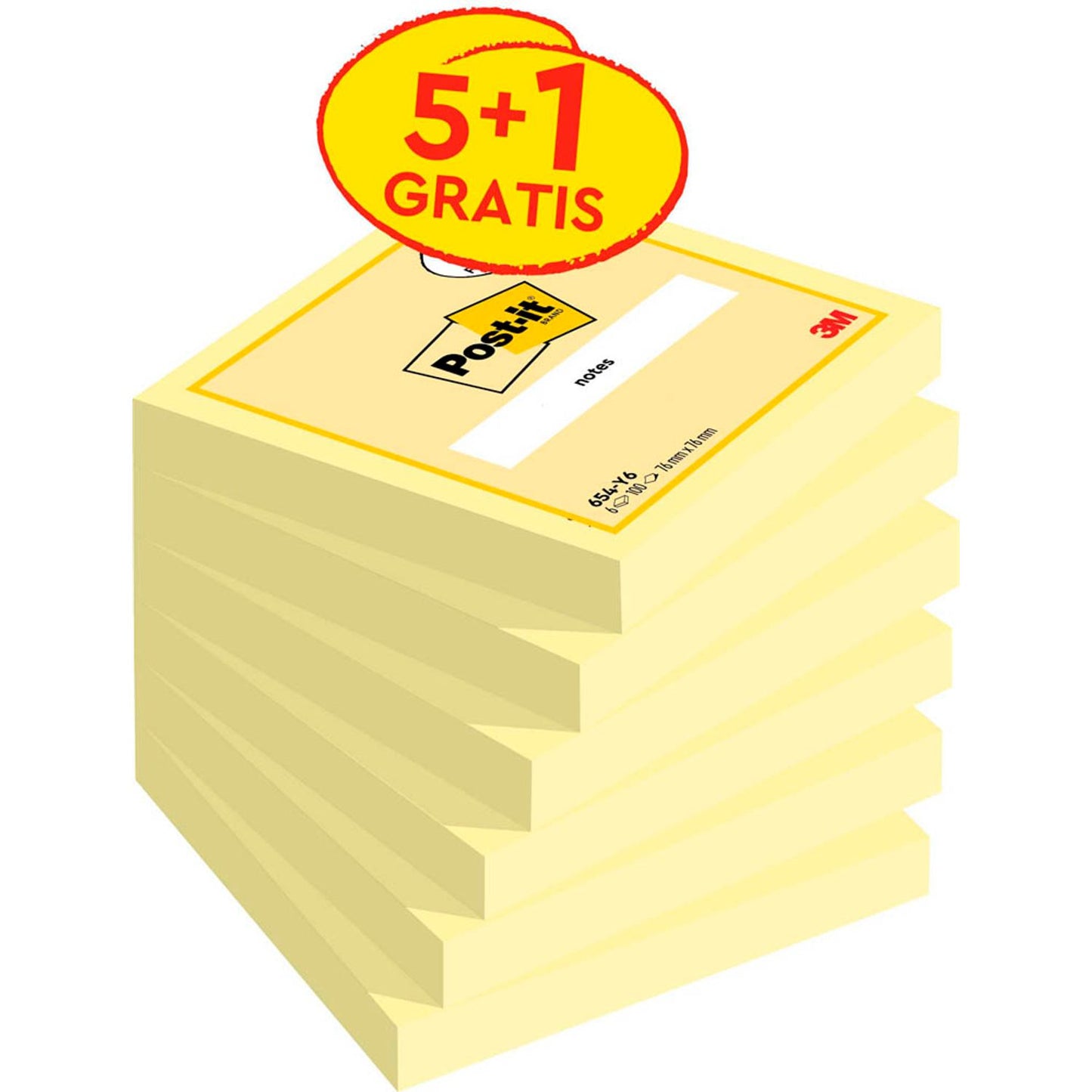 Post-it® + 1 GRATIS: Notes 654 Haftnotizen gelb, 5 Blöcke + GRATIS 1 Blöcke | 654Y6 | 1 Pack = 5 Blöcke