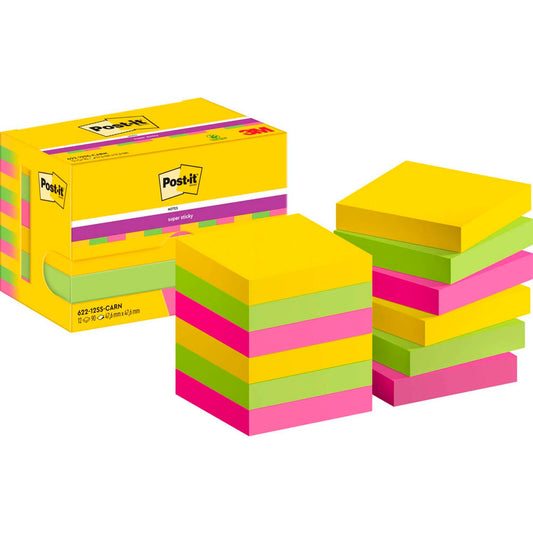 Post-it® Carnival Haftnotizen extrastark 654MTDR farbsortiert, 12 Blöcke | 7100290181 | 1 Pack = 12 Blöcke
