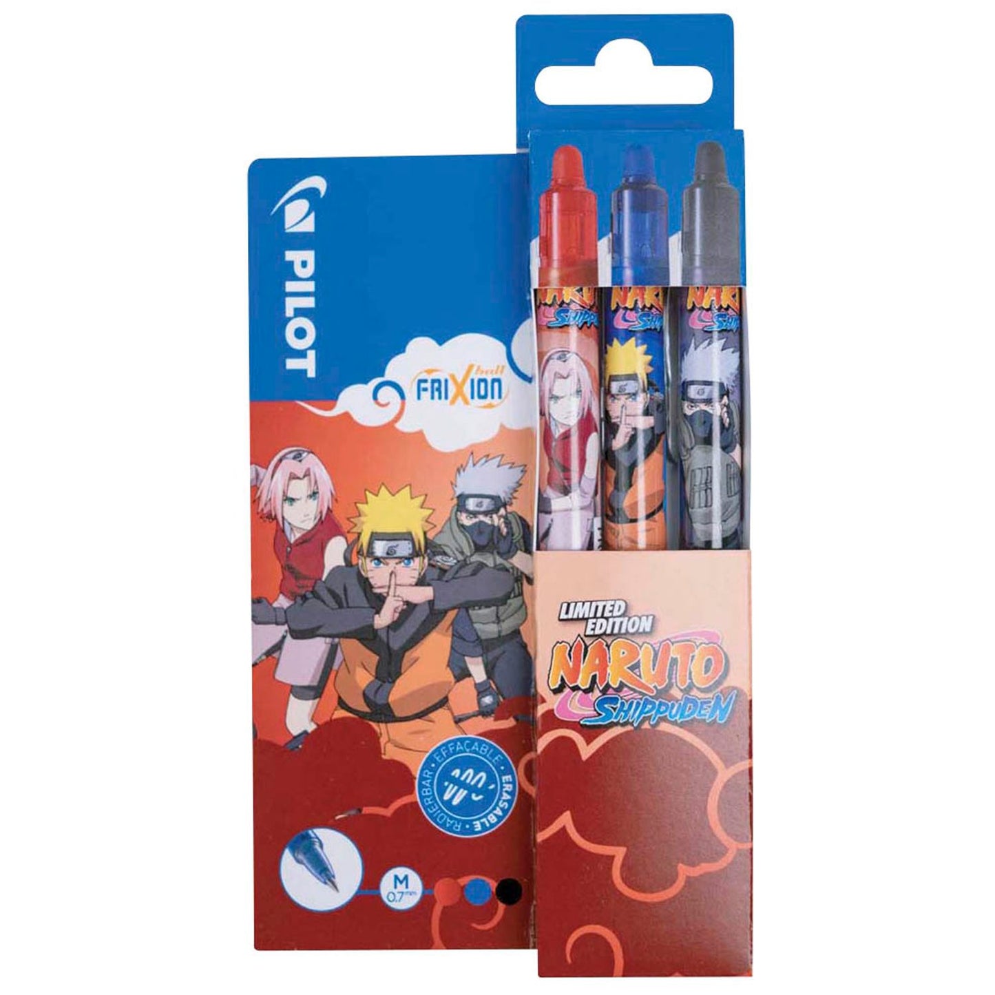 PILOT FRIXION Clicker Naruto Tintenroller rot, blau, schwarz 0,35 mm, Schreibfarbe: farbsortiert | BLRT-FR7-B-R-L-NR-S3 | 1 Set = 3 St.