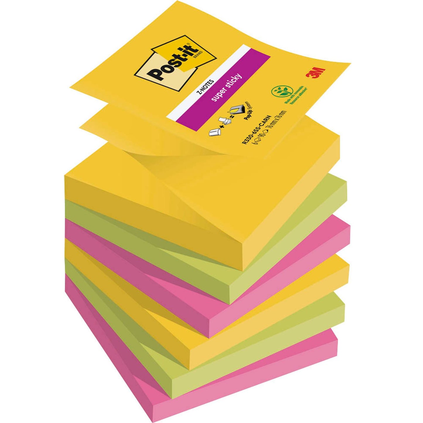 Post-it® Super Sticky Z-Notes Carnival Haftnotizen extrastark R3306SR farbsortiert, 6 Blöcke | 7100263205 | 1 Pack = 6 Blöcke