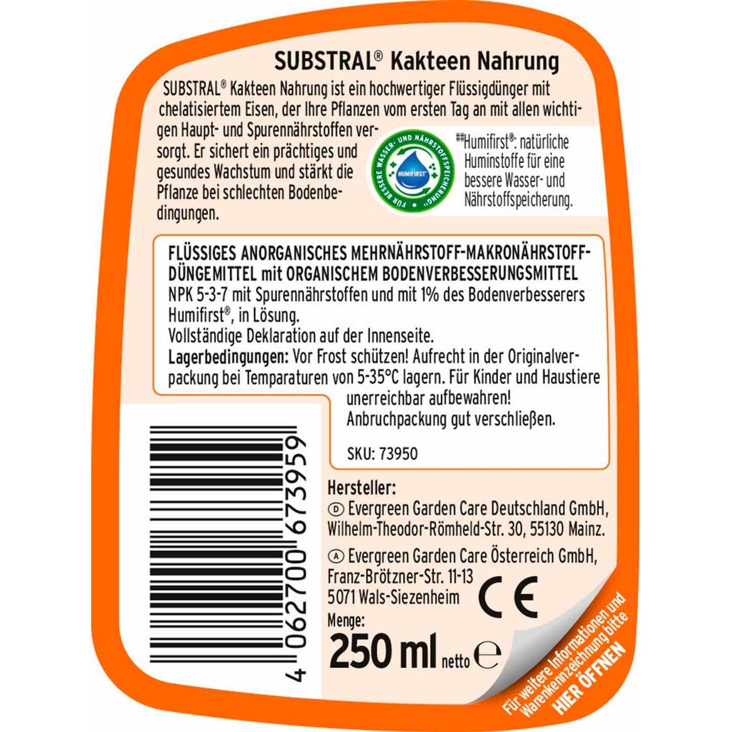 SUBSTRAL® Kakteen-Nahrung Kakteendünger 250,0 ml | 73950