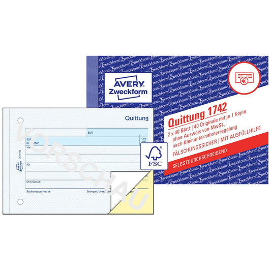 AVERY Zweckform Quittung für Kleinunternehmer (ohne MwSt.-Ausweis) Formularbuch | 1742