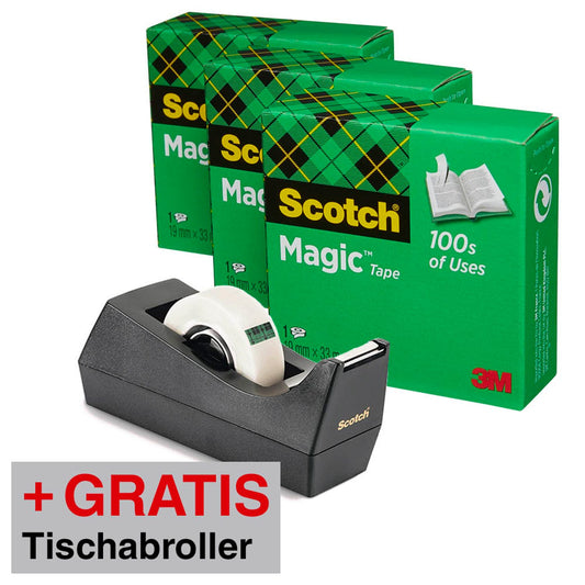 Scotch AKTION: Magic™ Tape Klebefilm matt 19,0 mm x 33,0 m + GRATIS 1 Tischabroller | C38SM3S | 1 Aktionspack = 3 Rollen