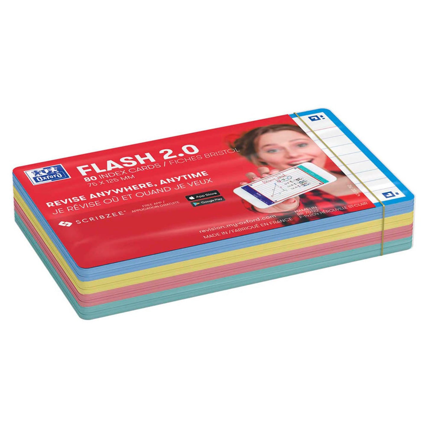 OXFORD Karteikarten FLASH 2.0 DIN A7 gelb, rot, türkis, mint liniert | 400137329 | 1 Pack = 80 St.