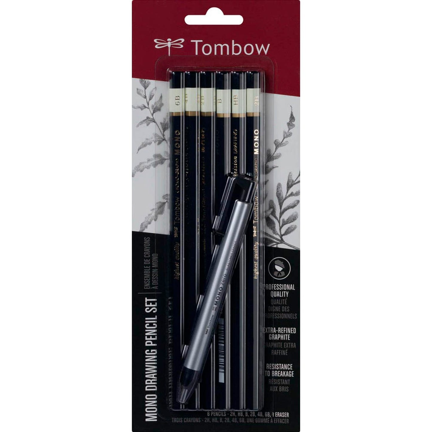 Tombow Mono Bleistift-Set B, HB, 2H, 2B, 4B, 6B schwarz/weiß mit Radierer | MONO-6PC-SET