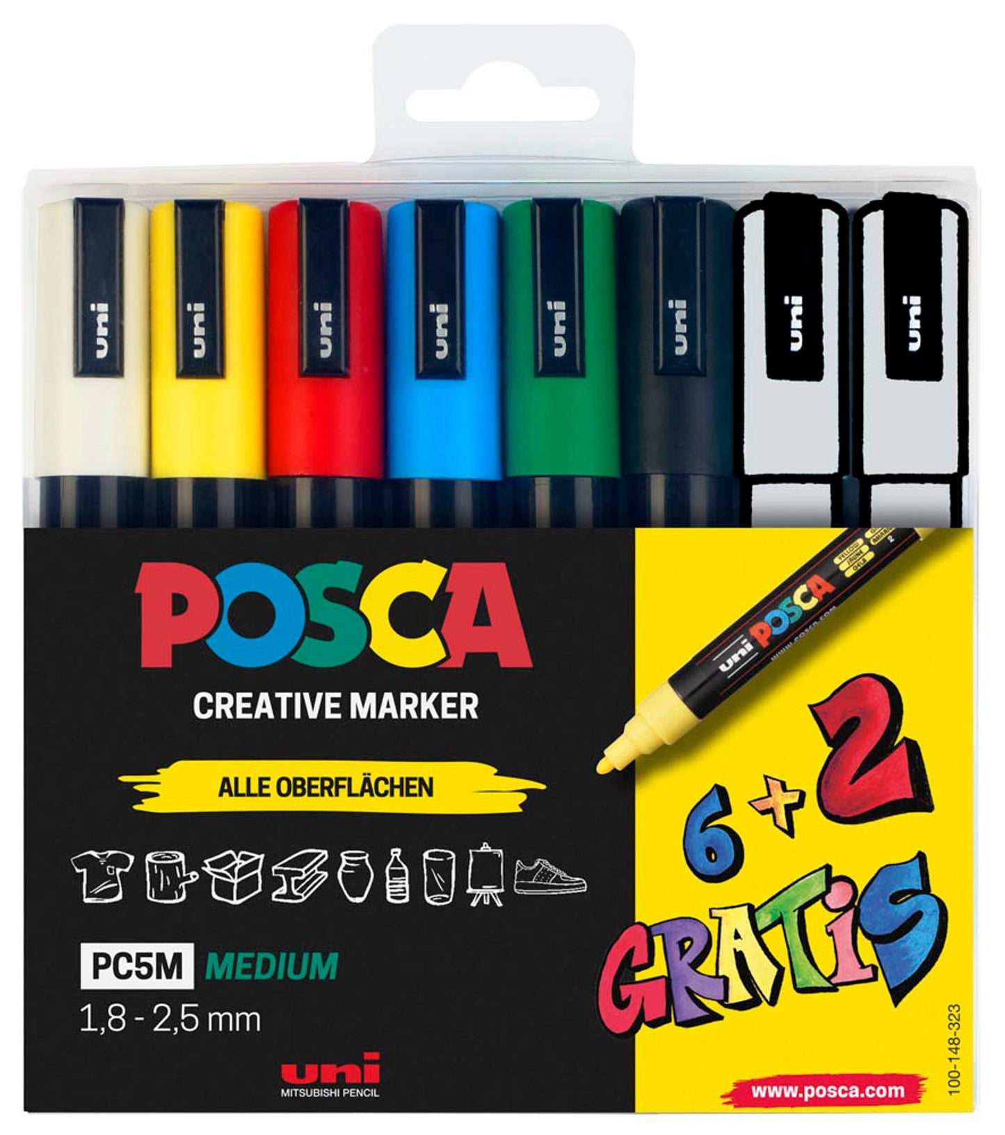uni-ball POSCA PC-5M Acrylstift farbsortiert 1,8 - 2,5 mm, 8 St.