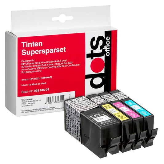 dots schwarz, cyan, magenta, gelb Druckerpatronen kompatibel zu HP 912XL (3YP34AE), 4er-Set | 1765,0005-DOTS | 1 Pack = 4 St.