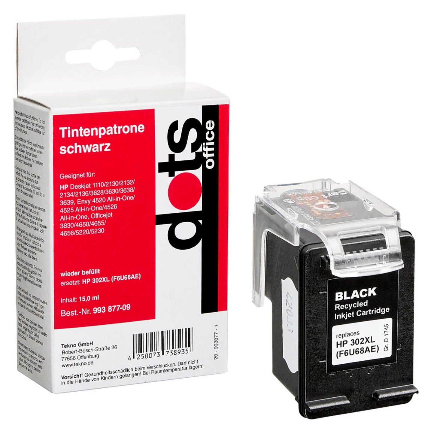 dots schwarz Druckerpatrone kompatibel zu HP 302XL (F6U68AE) | 1745,4001-DOTS