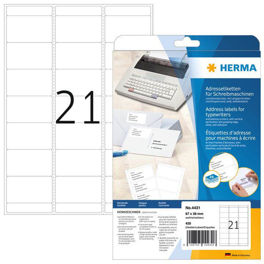 HERMA Adressetiketten weiß 67,0 x 38,0 mm | 4431 | 1 Pack = 20 Blatt