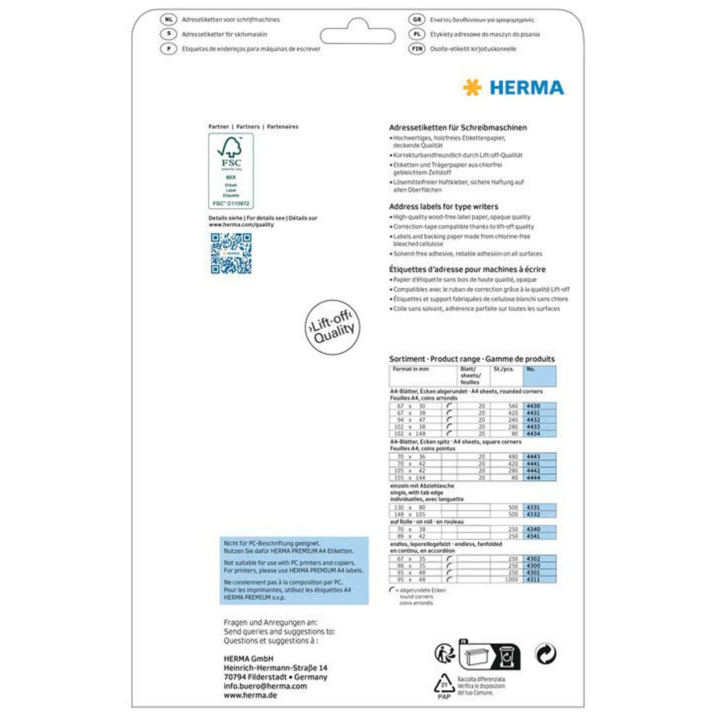 HERMA Adressetiketten weiß 67,0 x 38,0 mm | 4431 | 1 Pack = 20 Blatt