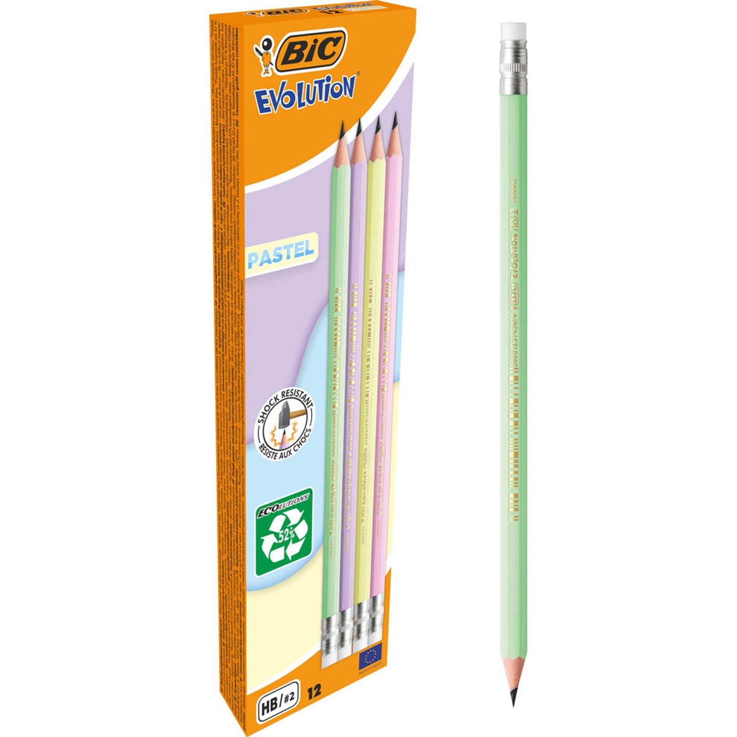 BIC EVOLUTION PASTEL Bleistifte HB rosa, lila, grün, gelb mit Radierer | 518306 | 1 Pack = 10 St.