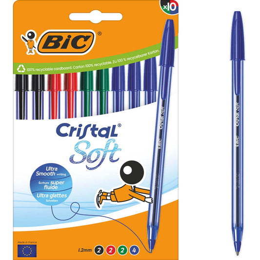 BIC Kugelschreiber Cristal Soft transparent, Schreibfarbe: farbsortiert | 516359 | 1 Pack = 10 St.