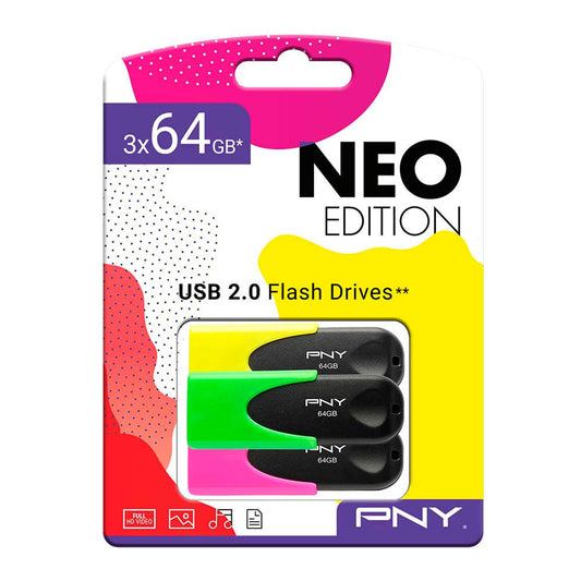 PNY USB-Sticks NEO Edition gelb, grün, pink 64 GB | FD64GATT4NEOYGPX3-EF | 1 Pack = 3 St.