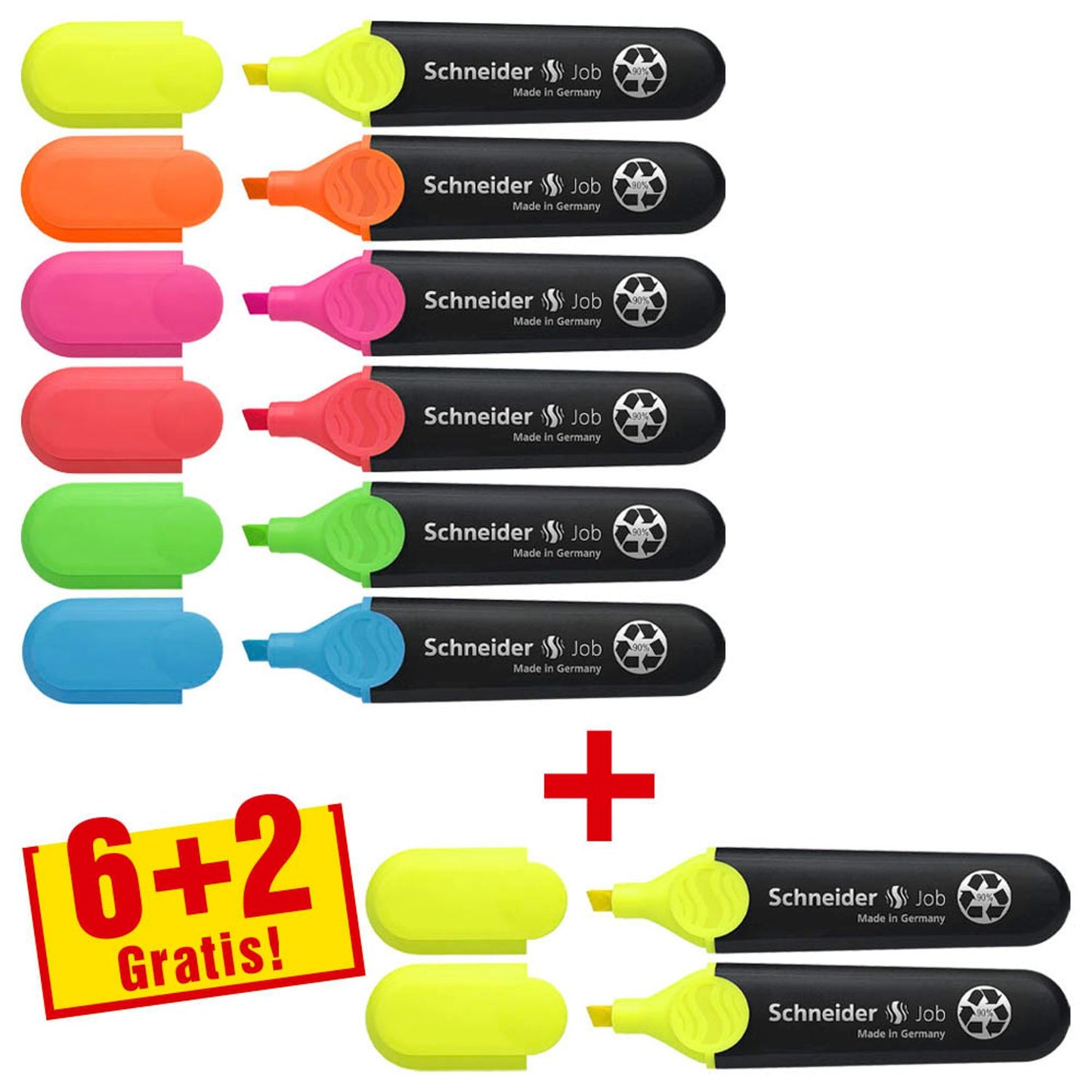 Schneider + 2 GRATIS: Job Textmarker farbsortiert, . + GRATIS | 115068 | 1 Pack = 6 St.