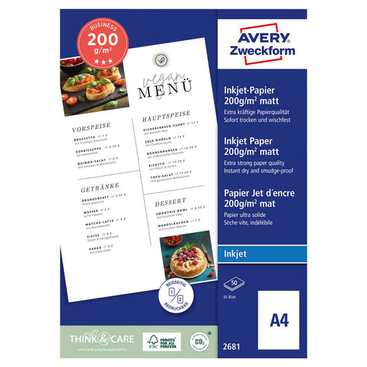 AVERY Zweckform Fotopapier DIN A4 matt 200 g/qm | 2681 | 1 Pack = 50 Blatt