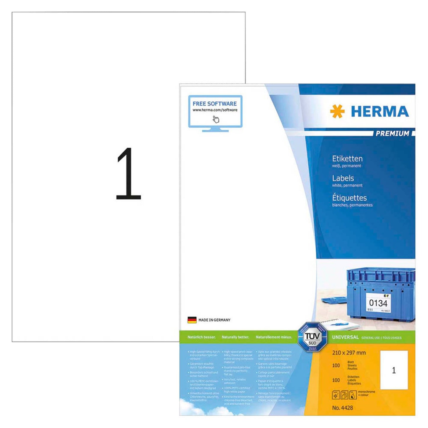 HERMA Etiketten weiß 210,0 x 297,0 mm | 4428 | 1 Pack = 100 Blatt