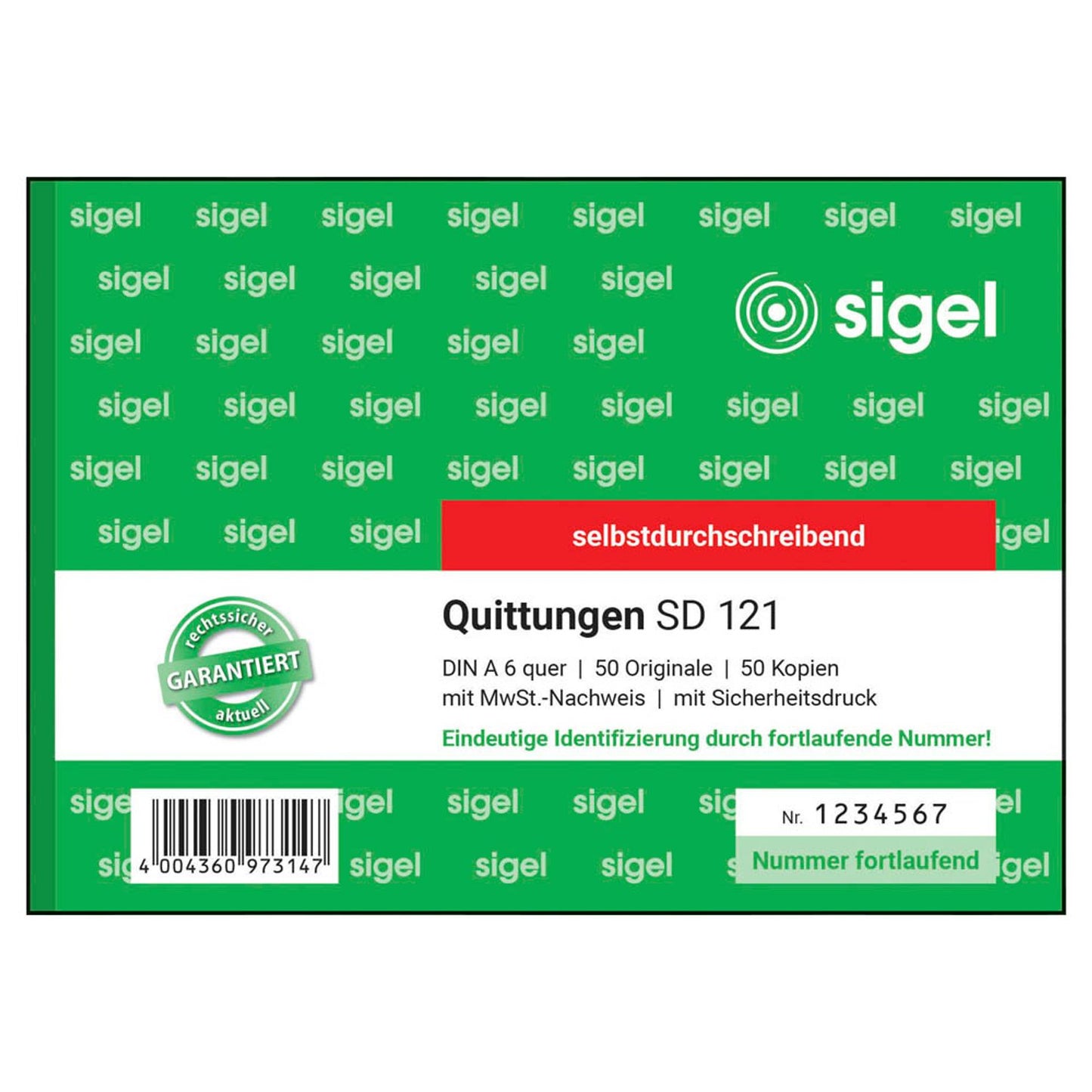 SIGEL Quittung mit MwSt. separat ausgewiesen, mit fortlaufenden Nummern Formularbuch | SD121