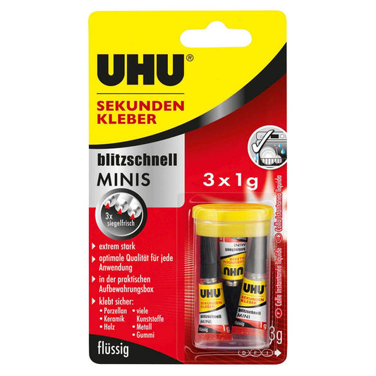 UHU Minis Sekundenkleber 3x 1,0 g | 45415 | 1 Pack = 3 St.