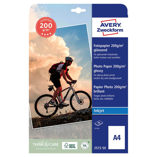 AVERY Zweckform Fotopapier DIN A4 hochglänzend 200 g/qm | 2572-50 | 1 Pack = 50 Blatt