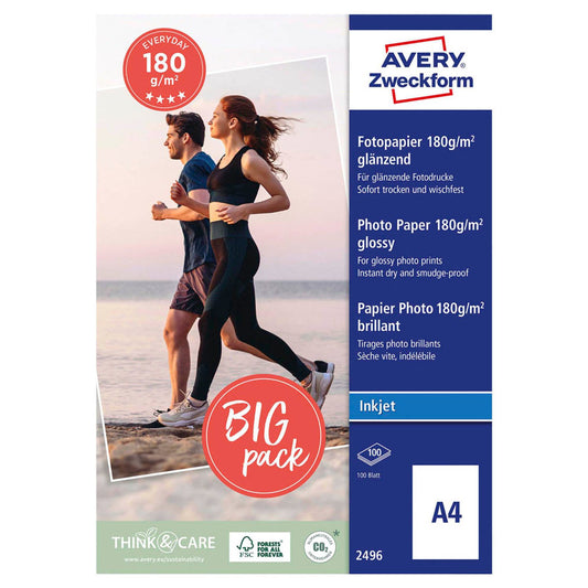 AVERY Zweckform Fotopapier DIN A4 glänzend 180 g/qm | 2496 | 1 Pack = 100 Blatt