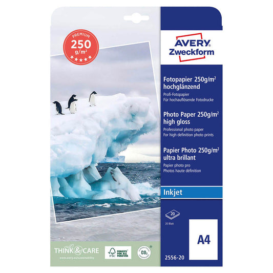 AVERY Zweckform Fotopapier DIN A4 hochglänzend 250 g/qm | 2556-20 | 1 Pack = 20 Blatt