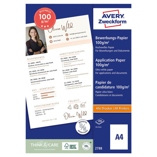 AVERY Zweckform Bewerbungs-Set DIN A4 seidenmatt 100 g/qm | 2788 | 1 Pack = 200 Blatt