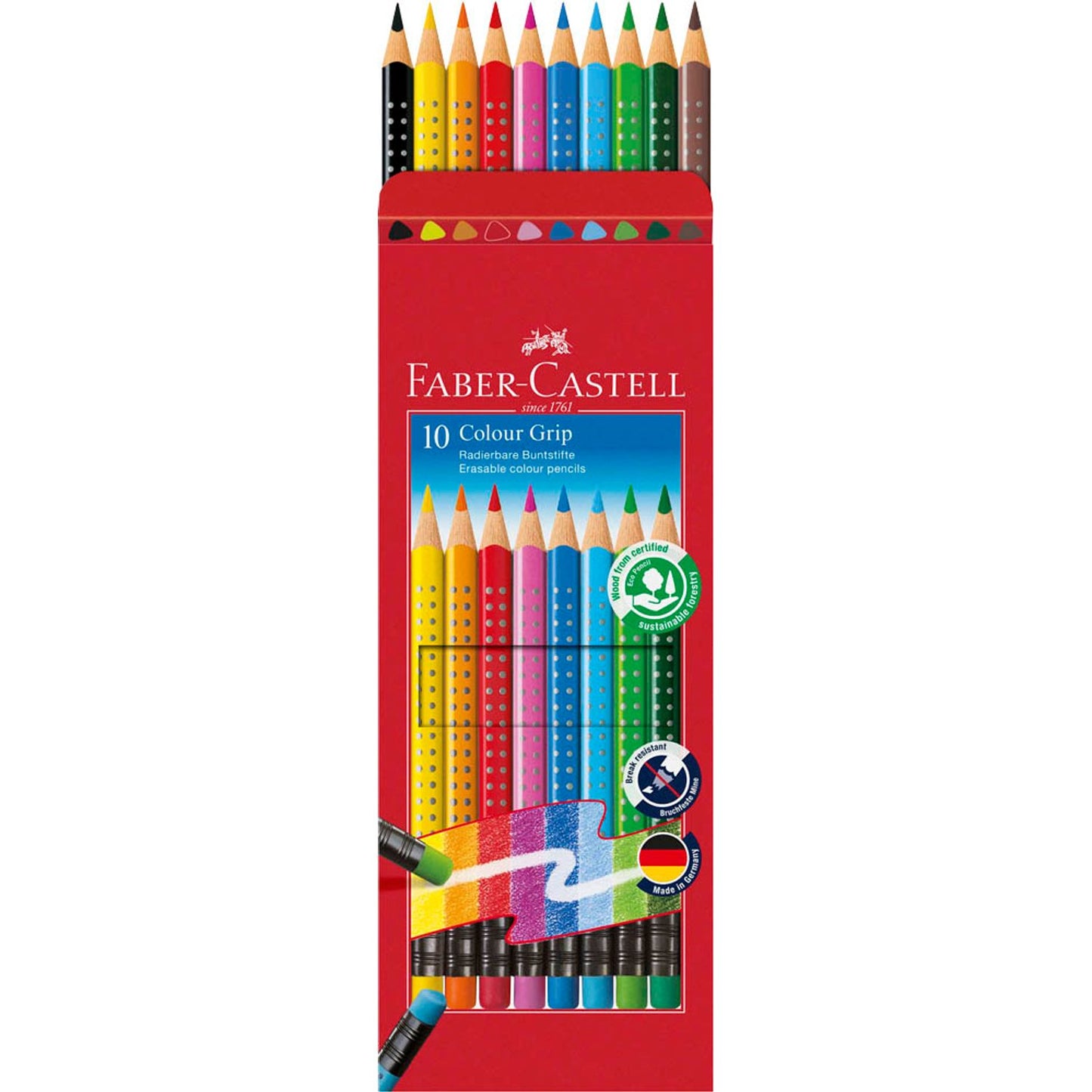 FABER-CASTELL Radierbare Grip Buntstifte farbsortiert | 116613 | 1 Pack = 10 St.