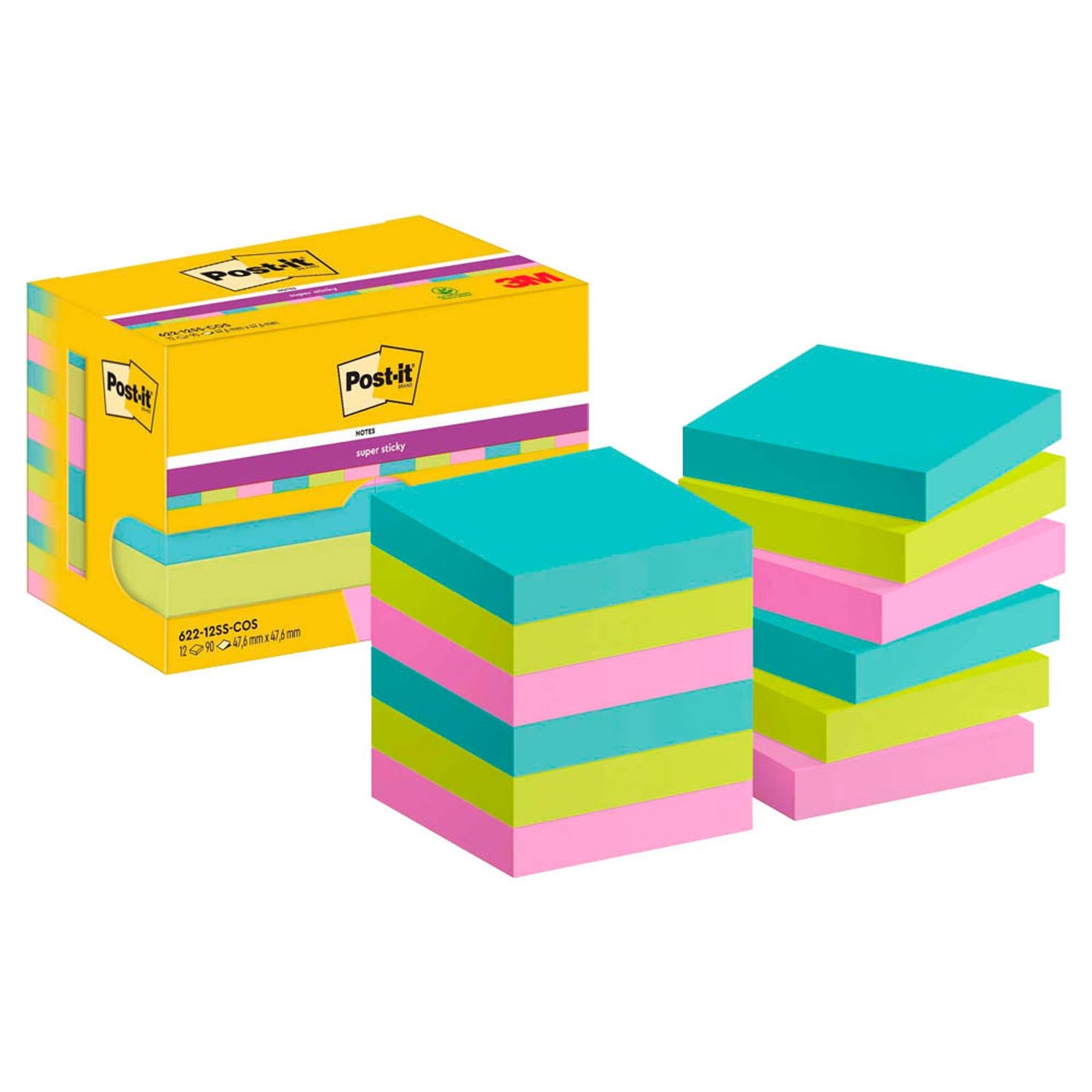 Post-it® Cosmic Haftnotizen extrastark farbsortiert, 12 Blöcke | 7100290180 | 1 Pack = 12 Blöcke