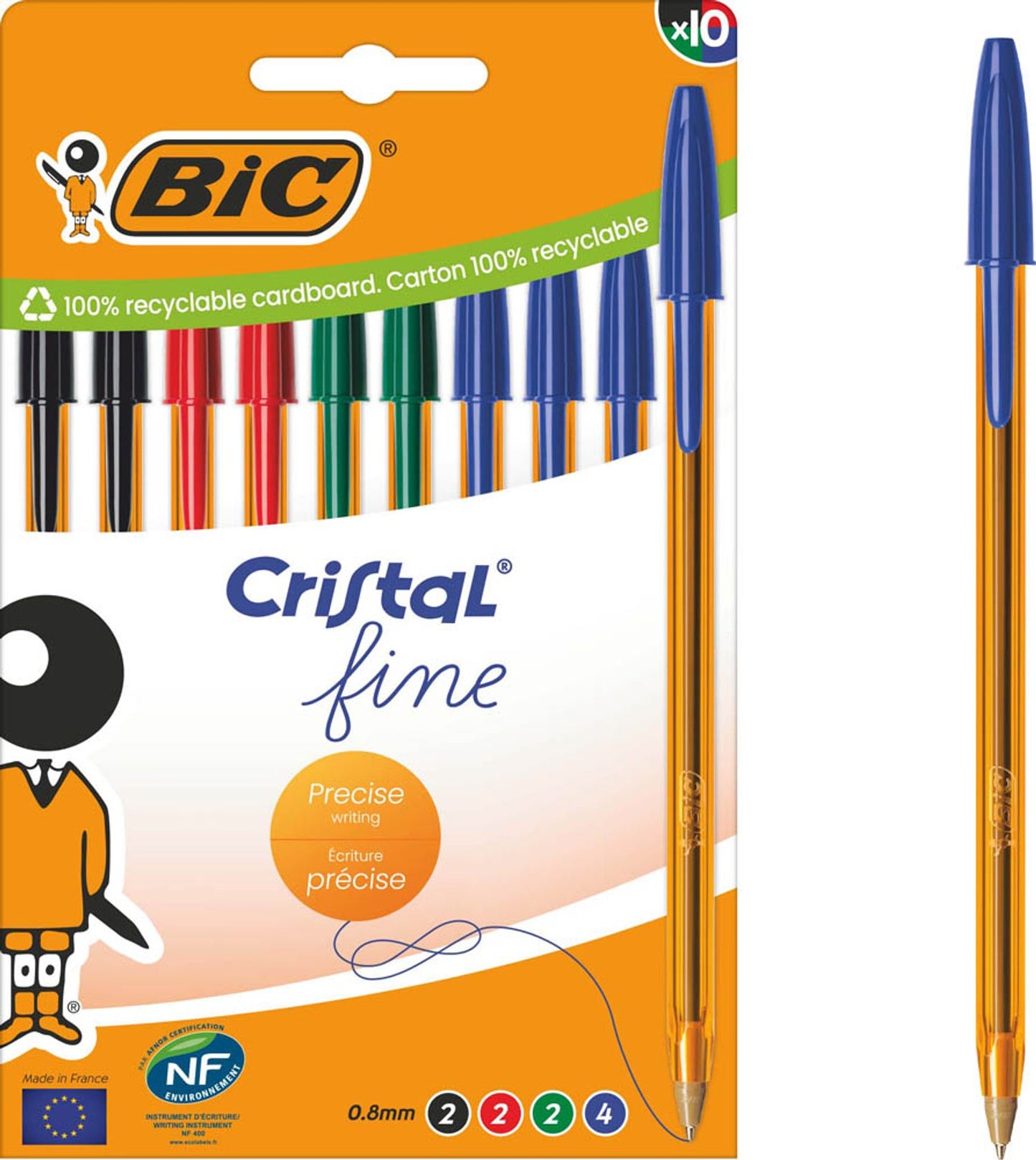 BIC Kugelschreiber Cristal Original transparent, Schreibfarbe: farbsortiert, 10 St.
