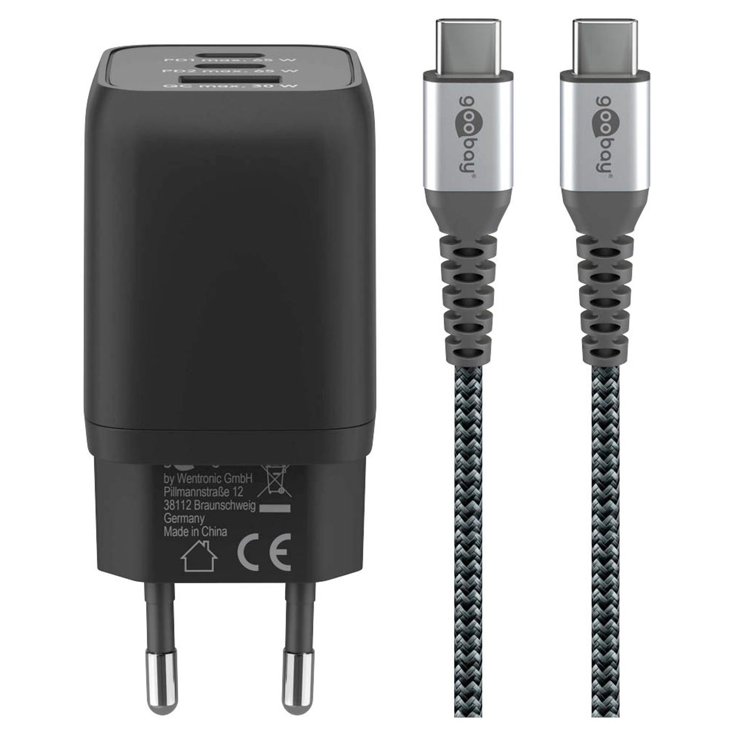 goobay Ladekabel mit Adapter schwarz, Kabellänge: 1,0 m, 65 Watt | 70180