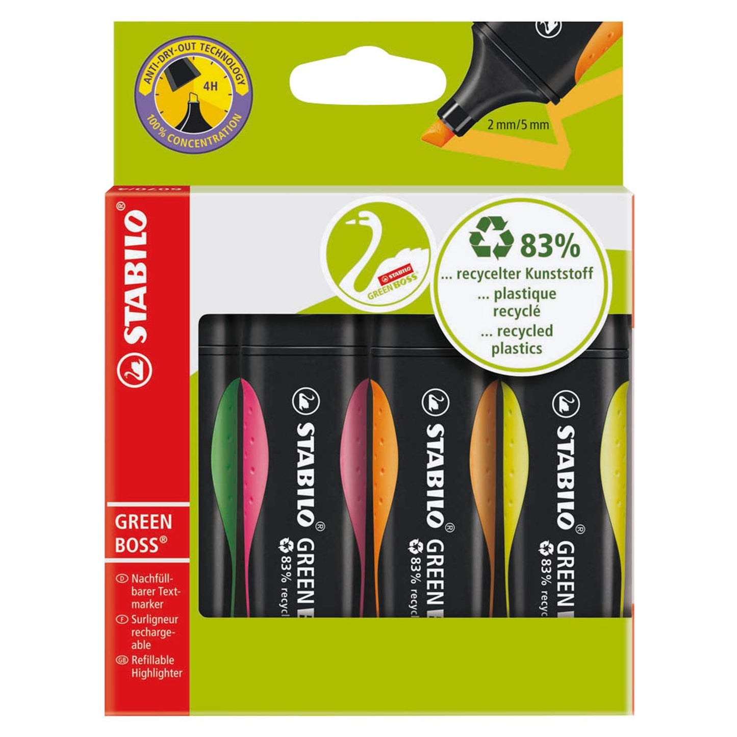 STABILO GREEN BOSS Textmarker farbsortiert | 6070/4 | 1 Pack = 4 St.