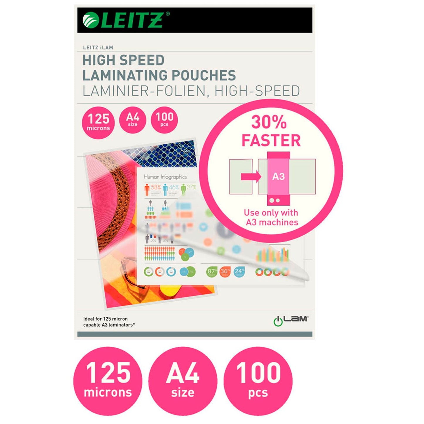 LEITZ Laminierfolien glänzend für A4 125 micron | 74300002 | 1 Pack = 100 St.