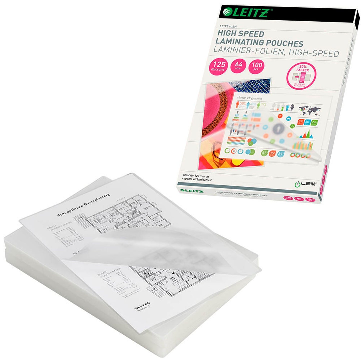 LEITZ Laminierfolien glänzend für A4 125 micron | 74300002 | 1 Pack = 100 St.